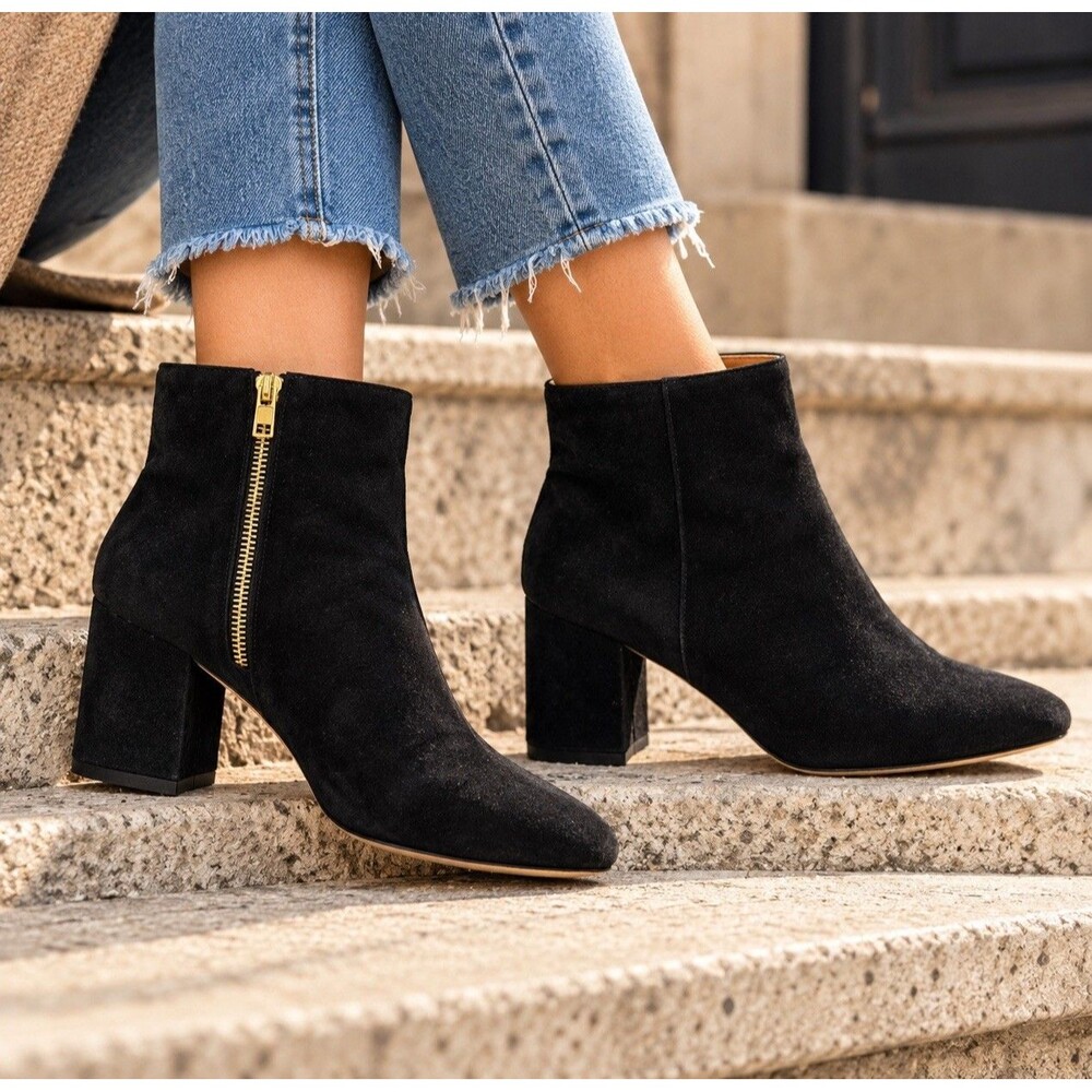J Crew Black Suede Ankle Boots Womens 9 Block Heel Gold Zip Quiet Luxury